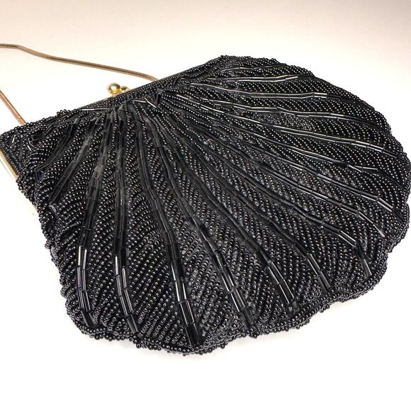 Retro Hand Beaded Evening Bag Glam Purse Clutch Black Satin Gold Coquette - Picture 5 of 14